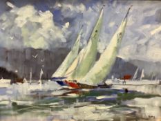Aubrey Sykes (1910-1995), oil on board, Yachts racing Firth of Forth, signed with label verso, 50