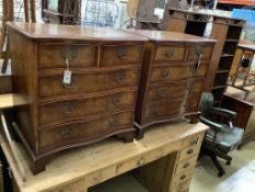 A pair of Georgian style walnut serpentine-fronted chests of drawers, of small proportions, each
