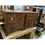 A pair of Georgian style walnut serpentine-fronted chests of drawers, of small proportions, each