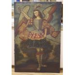 Cuzco School, oil on canvas, Standing angel holding a sword, 117 x 76cm, unframed