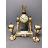 A French ormolu mounted and white marble clock garniture, c.1900, height 40cm