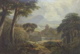 English School (19th century), mountainous landscape with deer in foreground and a view of a