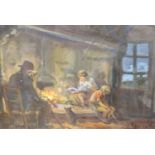 Russian School, oil on board, Interior with figures around a hearth, indistinctly signed, 33 x 48cm