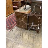 Four wrought iron growing frames, largest width 42cm, depth 42cm, height 122cm