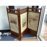 A late Victorian walnut three fold dressing screen with painted canvas panels, each panel width