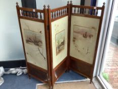 A late Victorian walnut three fold dressing screen with painted canvas panels, each panel width