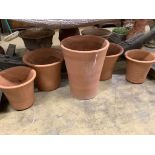 Five (two pairs and a single) circular terracotta garden planters, largest 40cm diameter, height