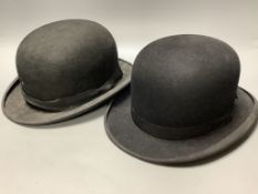 Two Dunn & Co vintage bowler hats, interior 19 x 15cm and 20 x 16cm