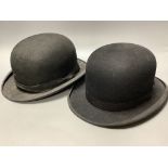 Two Dunn & Co vintage bowler hats, interior 19 x 15cm and 20 x 16cm