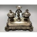 A 19th century South American? white metal inkstand, width 24cm,22.5oz.