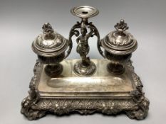 A 19th century South American? white metal inkstand, width 24cm,22.5oz.