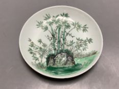 A Chinese green enamelled 'bamboo' saucer dish, diameter 14.5cm