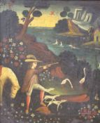 Cuzco School, oil on canvas, Huntsman in a landscape, 22 x 19cm