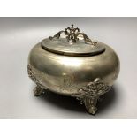 A late 19th century Russian 84 zolotnik oval sugar box with hinged cover, by T. Werner?, height