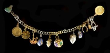 A platinum and gold curb link charm bracelet, hung with twelve assorted charms,including enamelled