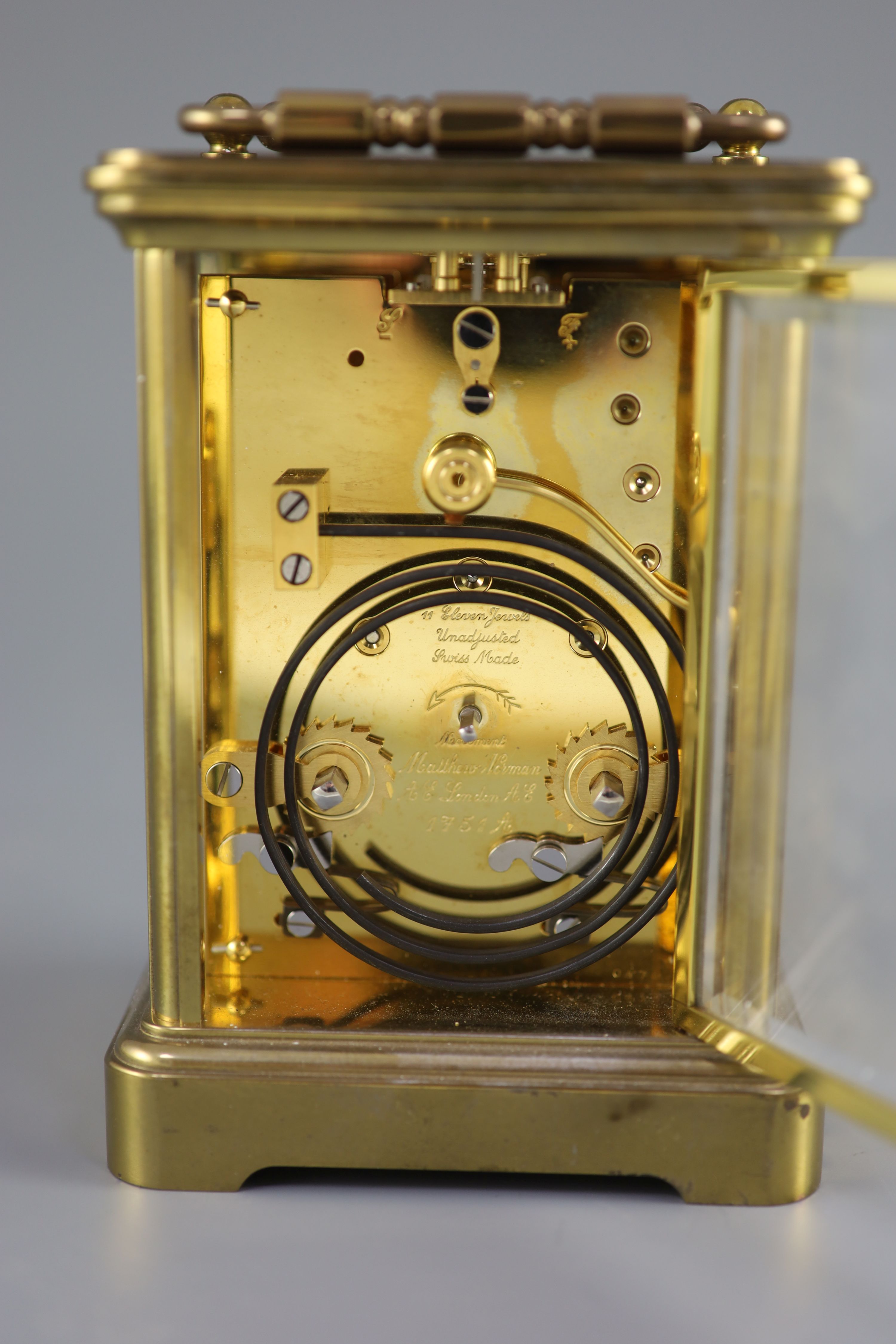 A large Swiss-made brass carriage clock, Matthew Norman, London, 20th centuryNo 1751A, white dial - Image 4 of 5