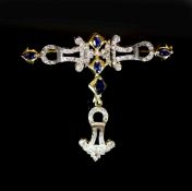 A mid 20th century gold, sapphire and diamond set drop openwork bar brooch,with arrow shaped drop,