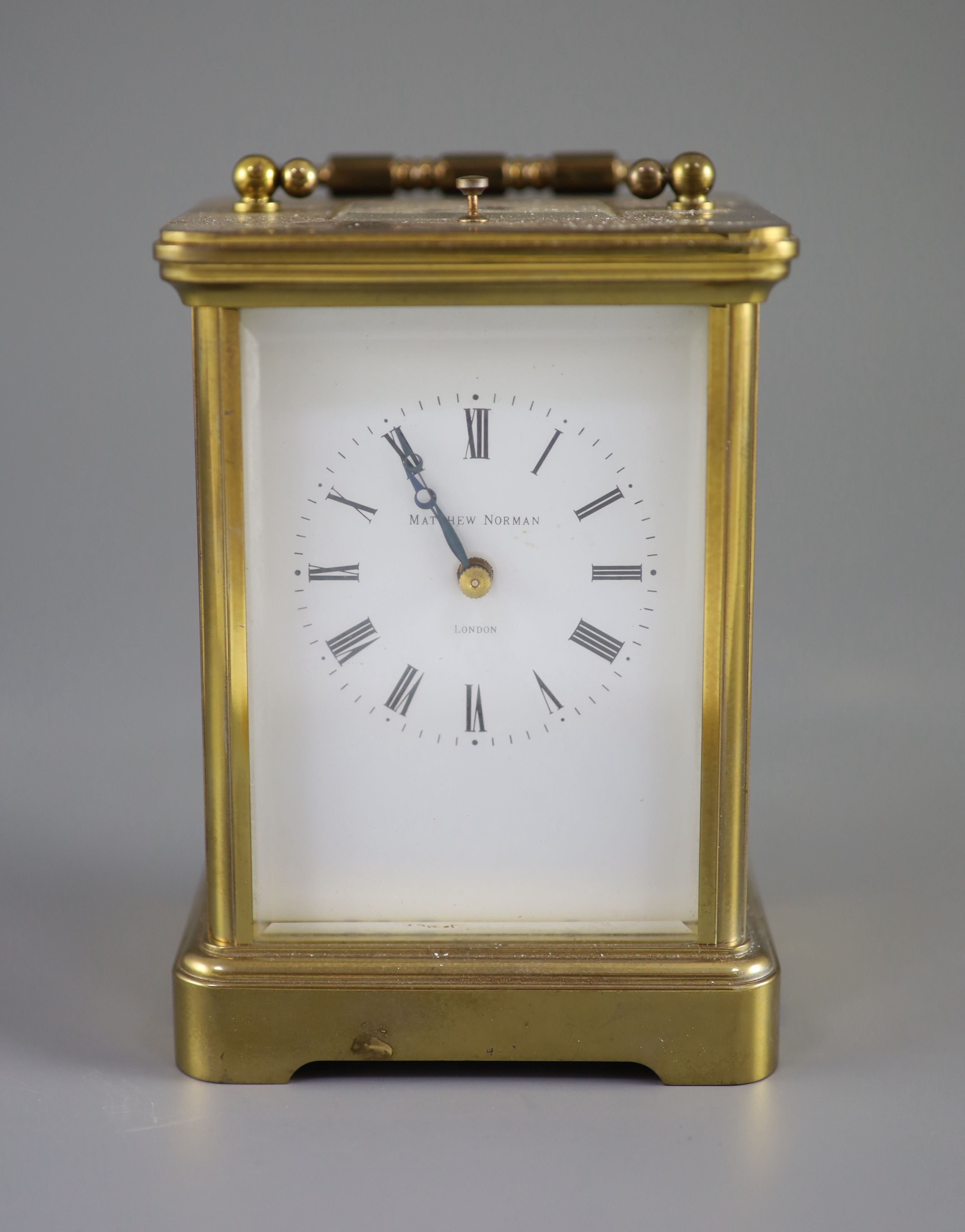 A large Swiss-made brass carriage clock, Matthew Norman, London, 20th centuryNo 1751A, white dial - Image 2 of 5