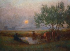 Owen Baxter Morgan (fl.1905-1932)Cattle watering at sunsetoil on canvassigned54 x 74cm