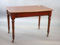 A Victorian mahogany writing table,with rounded rectangular top inset with a brass capped inkwell,