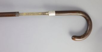 A French Toledo bladed swordstick, 19th centurythe blade engraved ‘Toledo’ within floral borders,