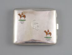 A late Victorian enamelled silver horse racing related cigarette case with presentation inscription
