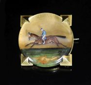 A late 19th century French 18ct gold and Essex crystal brooch decorated with a racehorse,of square