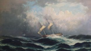 Follower of Samuel Walters (1811-1882)Three masted sailing vessel on a storm tossed seaoil on