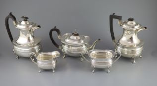 A matched silver five-piece tea service of reeded oval form, Jenkins & Timm, Sheffield 1922-3 and