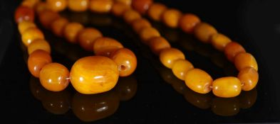 A single strand graduated oval amber bead necklace,84cm, gross weight 182 grams, largest bead is