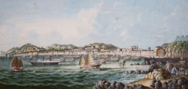 Chinese School Circle of TinquaPanoramic view of Macau from the harbourgouache12 x 24.5cn A local
