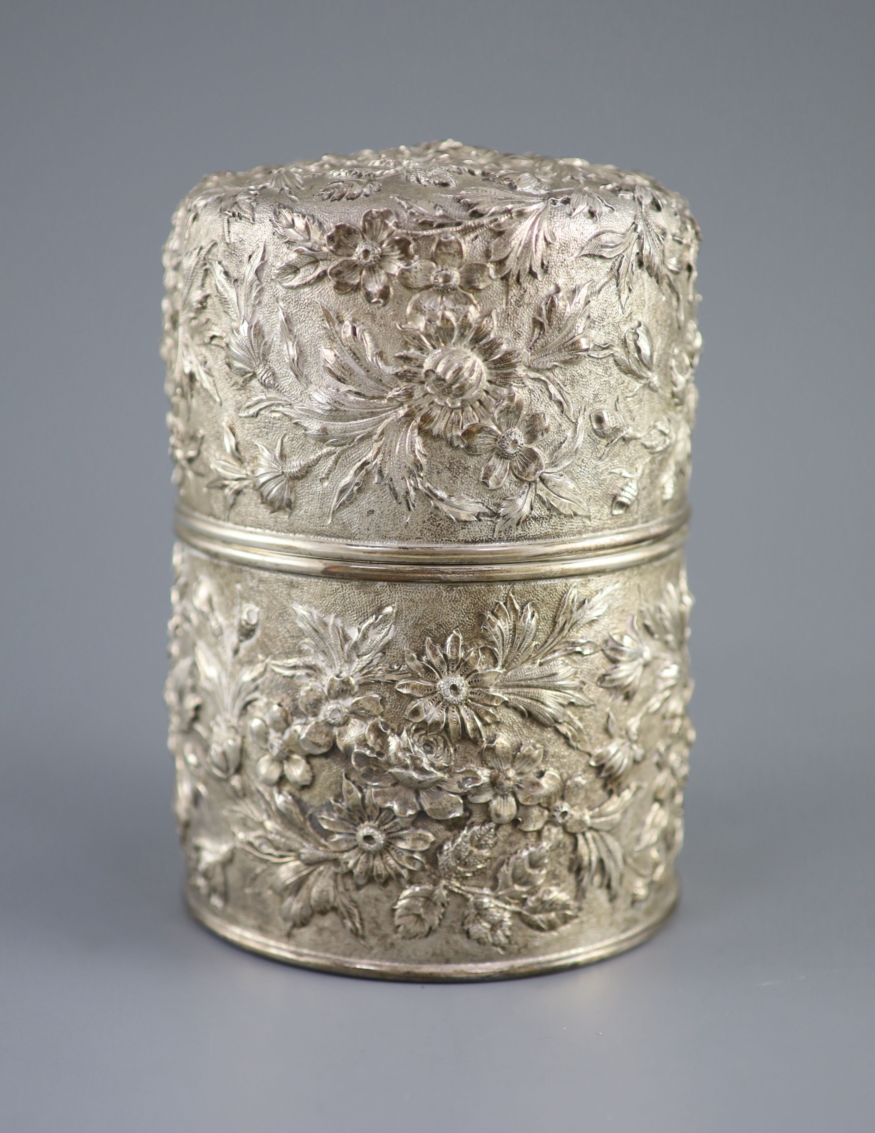 A cased late 19th/early 20th century American S.Kirk & Son Co. embossed sterling silver cylindrical