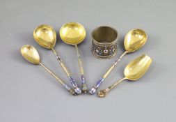 Five assorted late 19th/early 20th century Russian 84 zolotnik silver gilt and cloisonne enamel