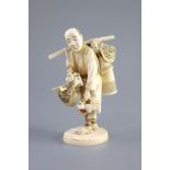 A Japanese ivory okimono of a basket seller, early 20th centuryhis wares with polychrome inlay, two