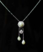 A late Victorian gold and platinum, diamond and pearl set drop pendant necklace,44cm, gross weight