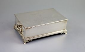 A George VI silver mounted two handled rectangular cigar box, by William Comyns & Sons Ltd, with