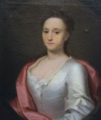 18th century English SchoolPortrait of a lady wearing a white dressoil on canvas73 x 60 cm.