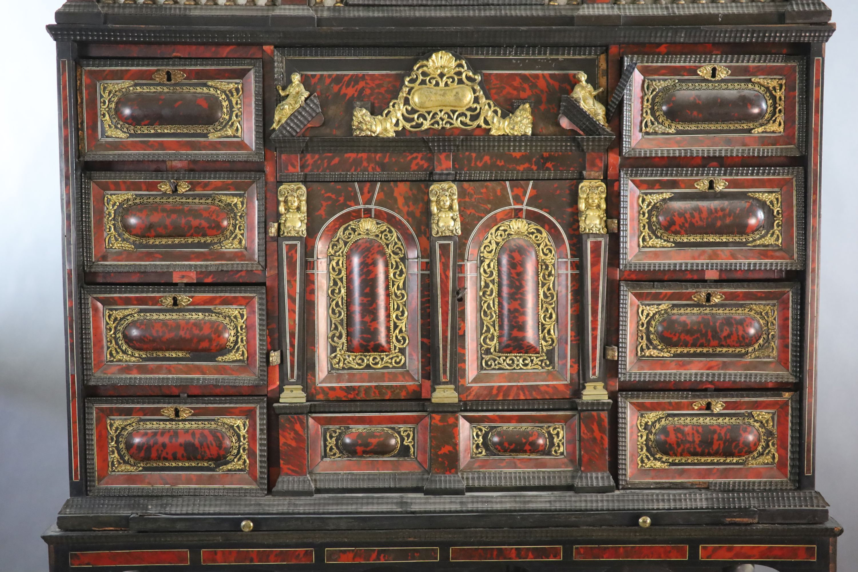 A late 17th century Portuguese ormolu mounted ebony and red tortoiseshell cabinet on stand,of - Image 3 of 7
