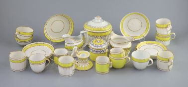 A group of Derby yellow ground tea and coffee wares and a chamberstick, c.1790-1800,the sucrier and