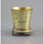 An early 17th century Swiss? silver gilt beaker,Of flared form, with engraved decoration, name and
