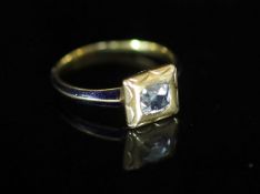 A 19th century gold, blue enamel and old mine cut diamond set ring,size L, gross weight 3.4 grams.