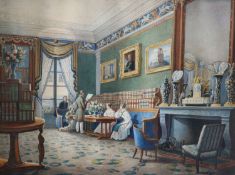Early Victorian SchoolLibrary interior with gentleman reading to onlookers and ornate clock and