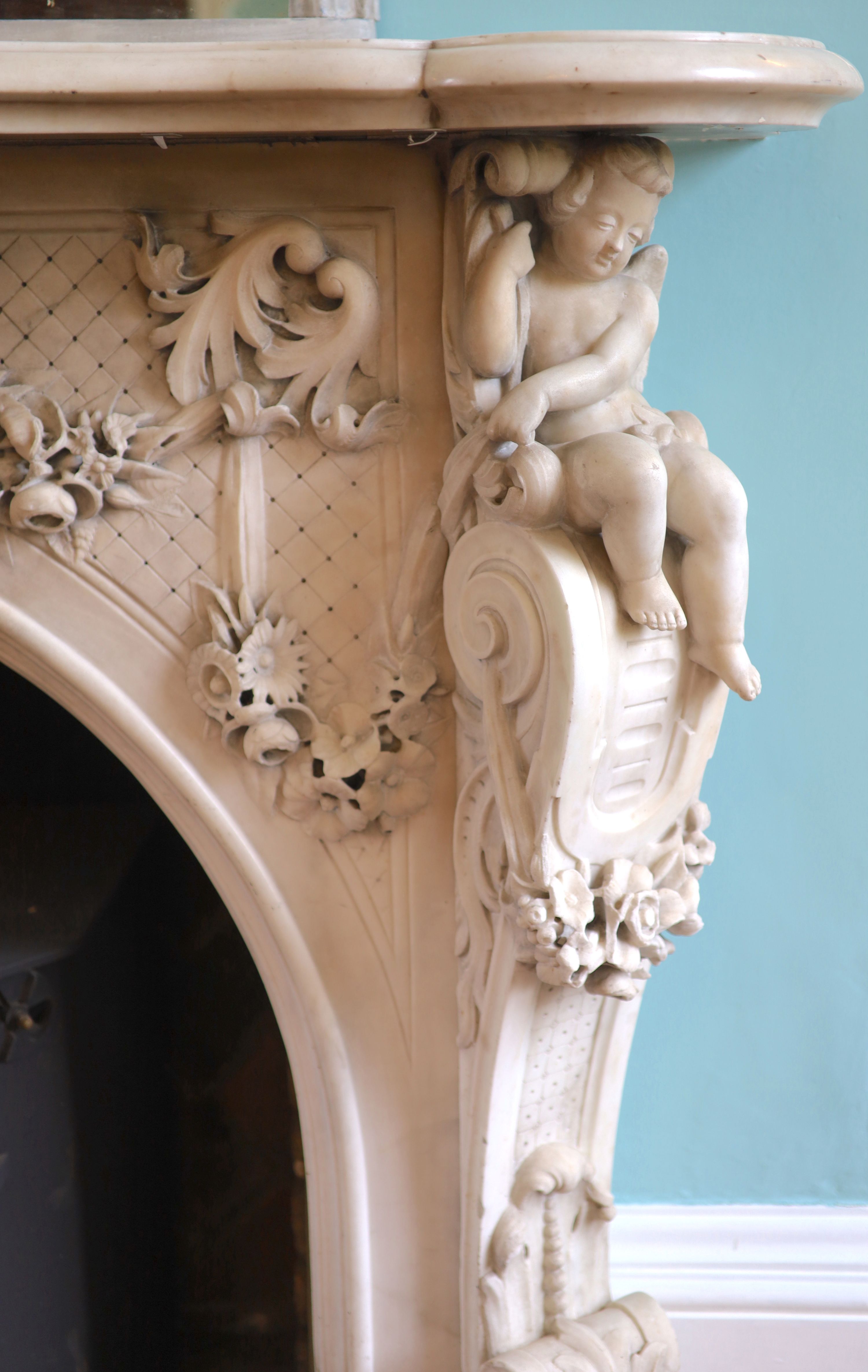 An important mid 19th century Italian white Carrara marble chimney piece,carved in the rococo - Image 3 of 23