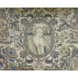 A Charles II stumpwork panel,decorated centrally with a waist length portrait of a lady, the field