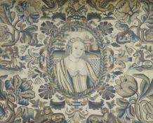 A Charles II stumpwork panel,decorated centrally with a waist length portrait of a lady, the field