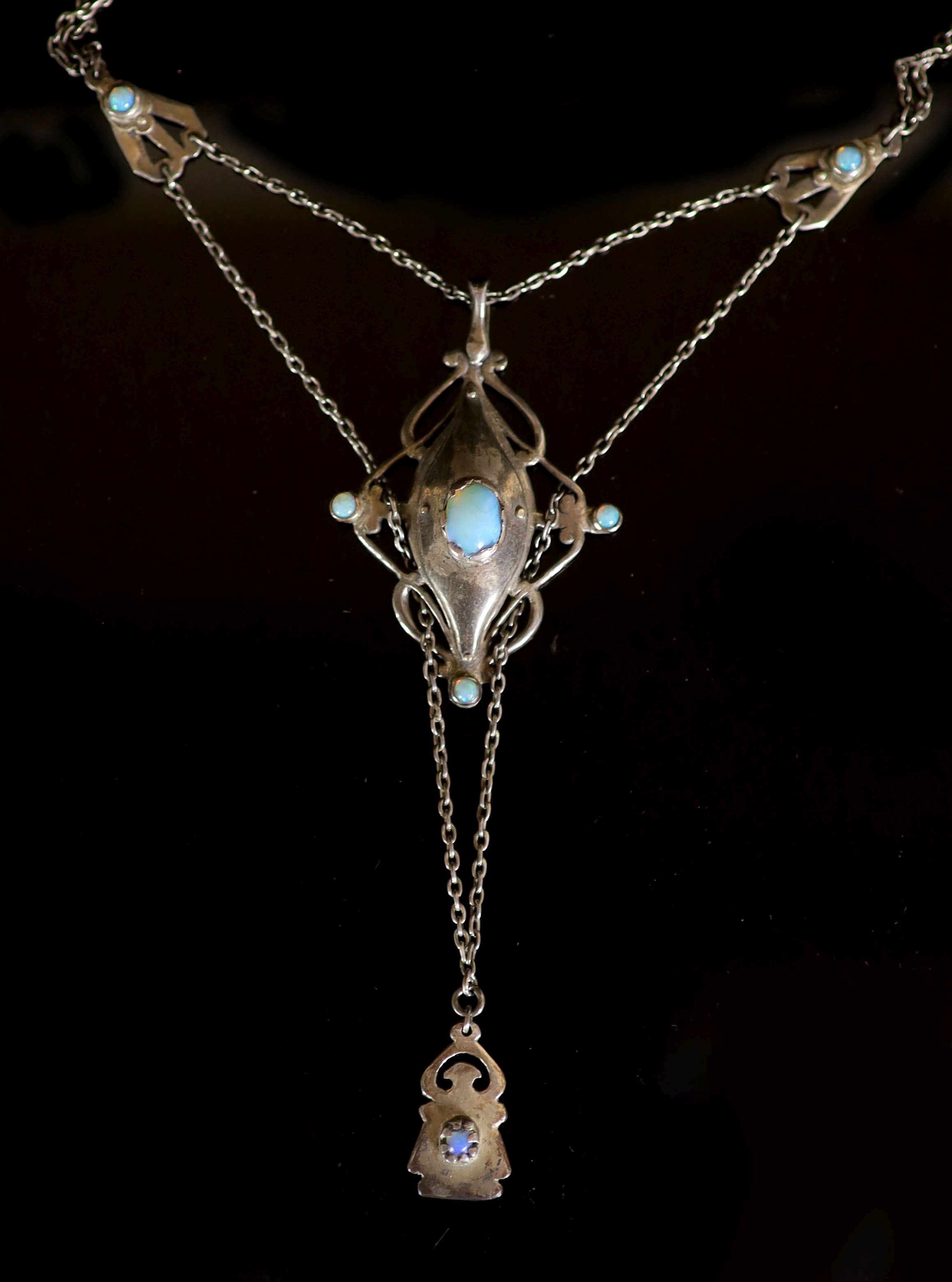 An early 20th century Arts & Crafts silver and nine stone cabochon black opal set drop pendant - Image 2 of 4