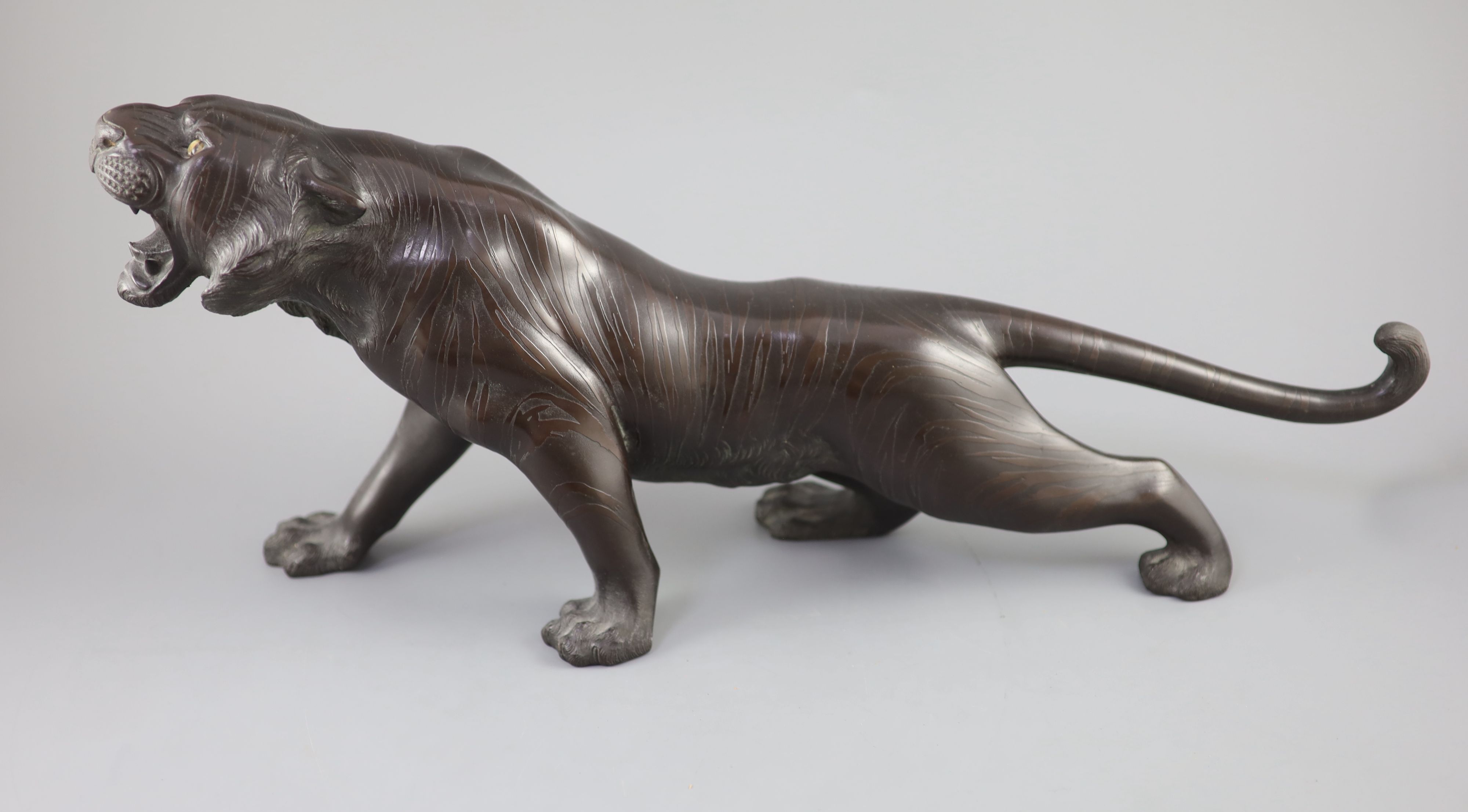 A large Japanese bronze figure of a tiger, Meiji periodnaturalistically modelled, standing roaring, - Image 3 of 4