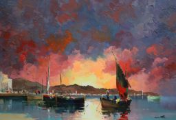 § Cecil Rochfort D'Oyly John (1906-1993)Fishing boats in harbour at sunsetoil on canvassigned44.5 x