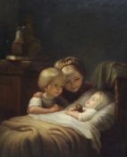 19th century German SchoolTwo children looking at a sleeping babyoil on canvasindistinctly