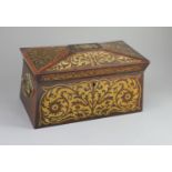 An early 19th century brass inlaid rosewood tea caddy in the boulle manner,of sarcophagus form, the